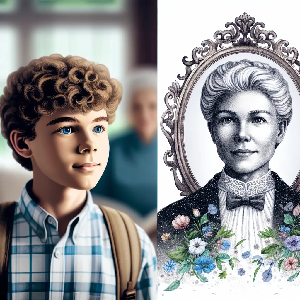 An illustration of a young boy named Timothy undergoing a mysterious transformation into a middle-aged woman named Eleanor. Timothy's curly brown hair, innocent blue eyes, and small stature reflect his young age, while Eleanor's polished silver hair, stoic grey eyes, and elegant appearance portray her as a mature woman. The image captures the moment of realization as Timothy/Eleanor stands in front of a mirror, wearing a wedding dress and heels, confused about the bizarre changes that have occur