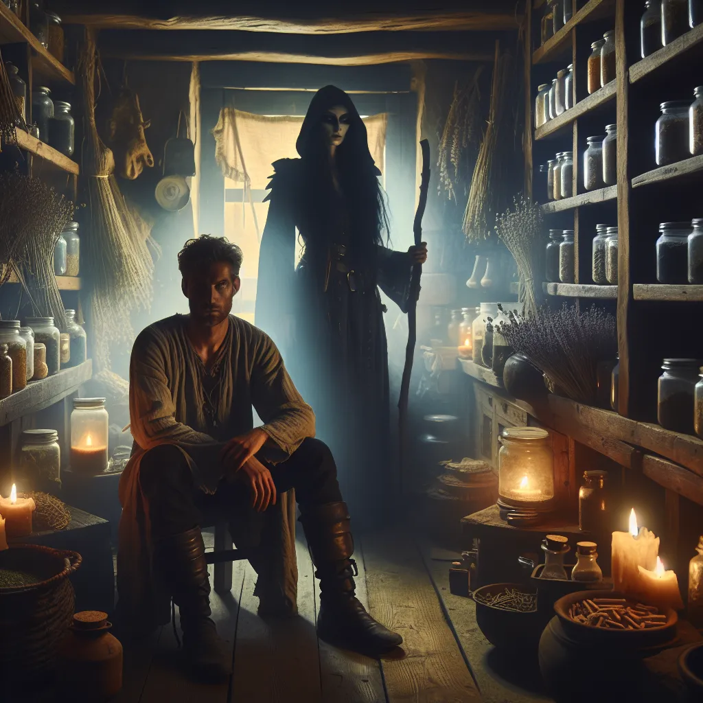 A mysterious scene in a dimly lit herbalist's shop, where a weary traveler seeks refuge with a silent protector, surrounded by the scents of sage, honey, and liquorice root.