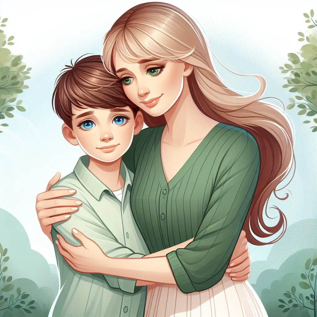 An image showing a young boy and his mother embracing, symbolizing their unwavering love and support for each other after a traumatic event. The boy has short brown hair and blue eyes, while the mother has long blonde hair and green eyes. They are depicted in a peaceful park setting, representing the newfound sense of security and happiness in their lives.