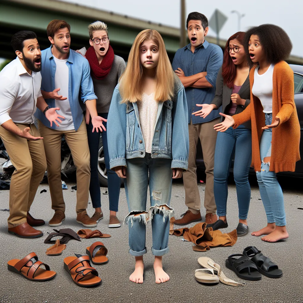 A young boy named Tommy undergoes a sudden and unexpected transformation into a young woman named Rosa after a mysterious encounter with a pair of magical sandals. As Rosa navigates her new life, she finds herself in a precarious situation after a car crash and drunken night with friends. This image could depict a young girl, representing Rosa, standing in front of a crashed car with her friends. There is a sense of disarray and confusion as they deal with the aftermath of the accident.