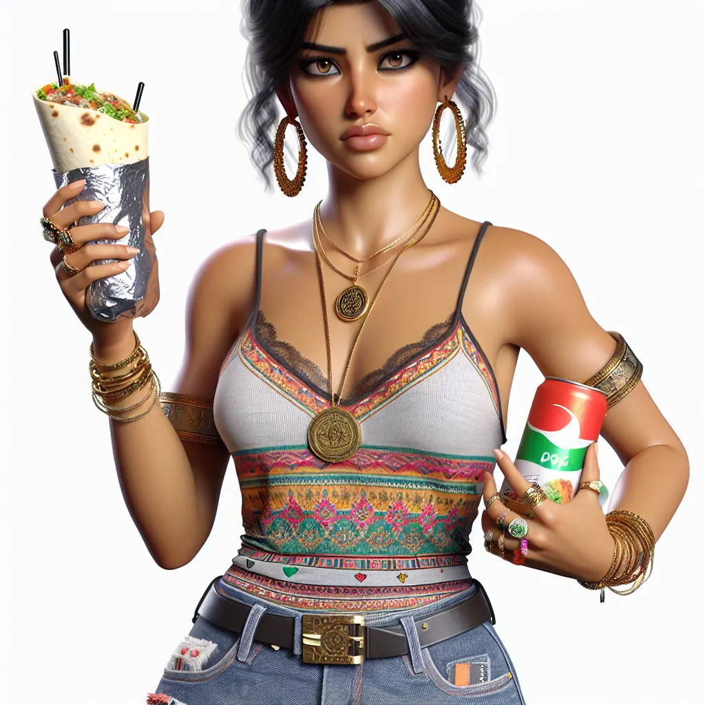 An image depicting a woman with dark hair, wearing a tank top with colorful embroidery and denim cut-off shorts, standing confidently in flip flops with Mexican flag colors. She is accessorized with gold hoop earrings, a medallion necklace, and multiple rings. The woman is holding a toy truck and a burrito, with a confused expression on her face.