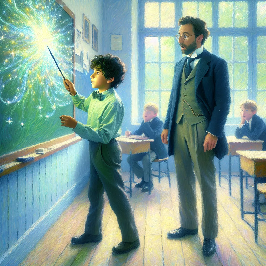 Boy, Teacher, School, Swap, Magic in the style of Monet