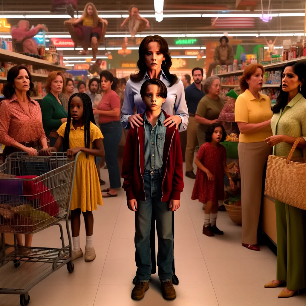 A complex and dramatic story unfolds in a busy store as nine-year-old Travis Lee Chandler mysteriously swaps bodies with an adult woman named Carol Westbrook. The vivid characters, including Travis, his mother Monica, and Carol's daughters, are intricately described as the eerie and permanent transformation takes place, leaving Travis trapped in a grown-up world. The image captures the poignant moment of realization as Travis, now inhabiting Carol's body, navigates his new reality amidst the bus
