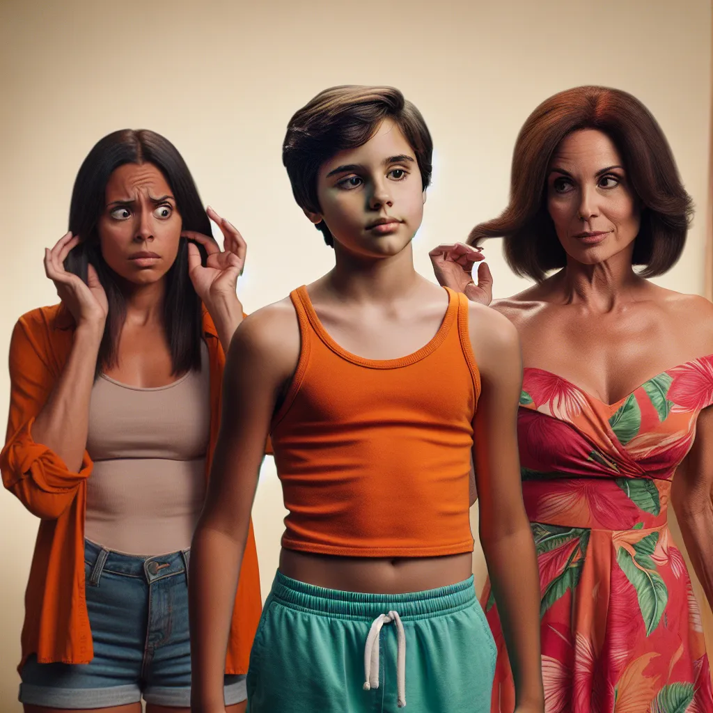 A young boy, Tommy Harrison, undergoes a mysterious transformation, changing into a middle-aged Mexican mother named Rosa Hernandez. This image shows Rosa, with her dark hair and warm, olive-toned skin, wearing a bright tank top and shorts. She stands alongside Susan, her perplexed daughter, and Margaret, her stern mother. The image captures the tensions and adjustments faced by Rosa as she navigates her new identity and seeks acceptance from her family.