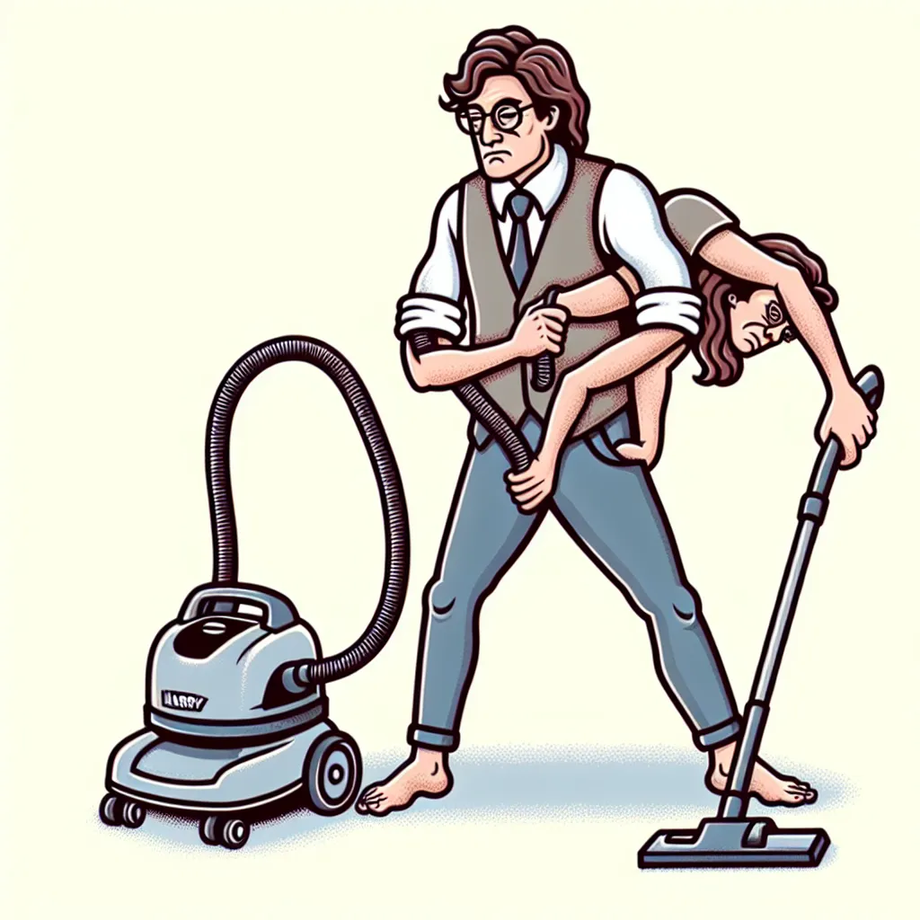 The image will depict a humorous scene from "The FitSwap Chronicles: Jiggles, Vacuum Showdowns, and Mock Photo Shoots." It will show a man, Harry, who has undergone a body swap and is now in Mrs. Thompson's body. He is seen struggling to vacuum, holding the vacuum cleaner awkwardly, with a comical expression on his face. The image will convey the lighthearted tone and humorous situations described in the story.