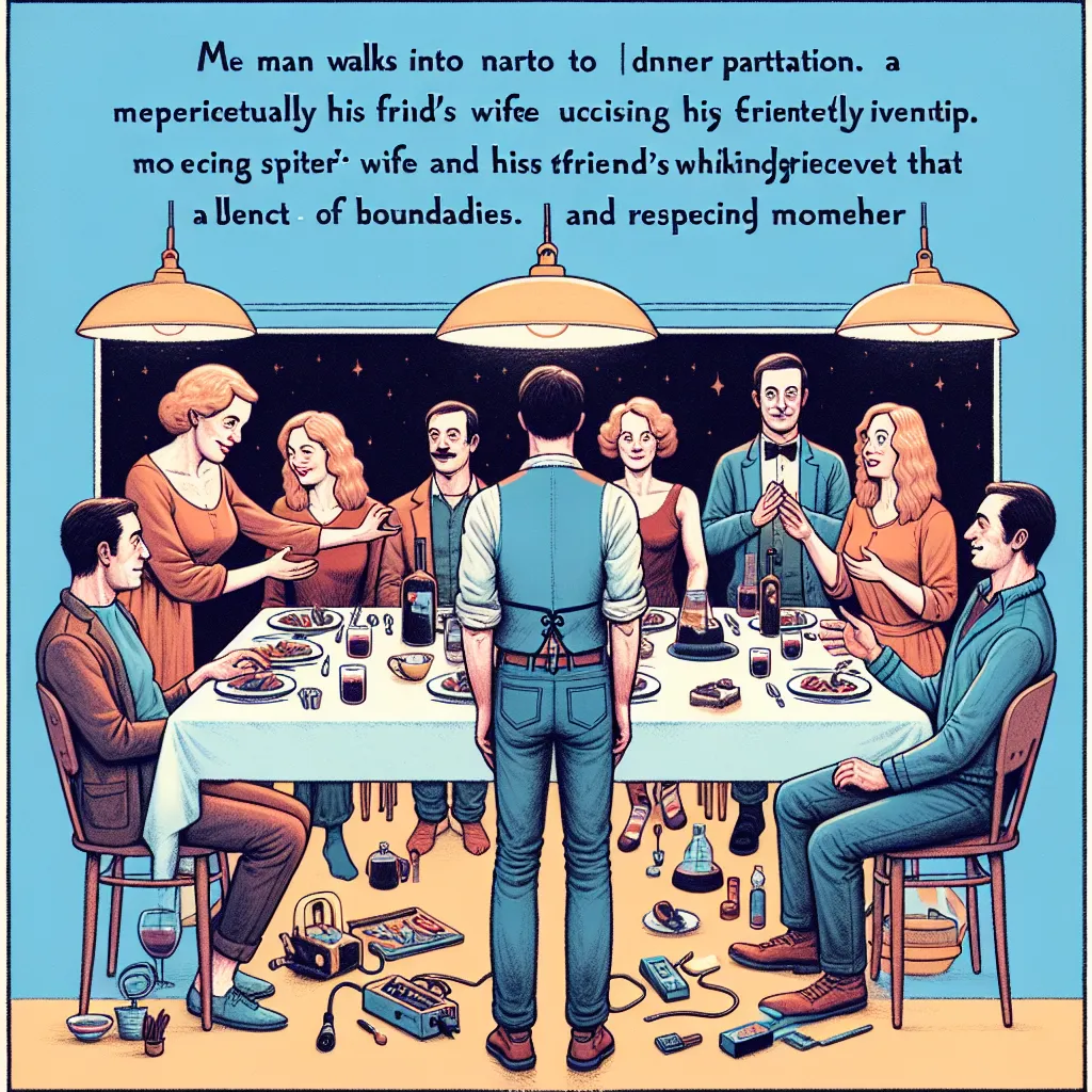 A husband returns home to a dinner party only to realize that his wife and his friend's wife have swapped bodies using his experimental invention. The evening takes a surreal turn as the group navigates the hilarious and awkward situations that arise, ultimately learning the importance of boundaries and respecting one another. The image should capture the essence of the story, showcasing the comedic and bizarre nature of the body swap while emphasizing the friendship and camaraderie of the chara