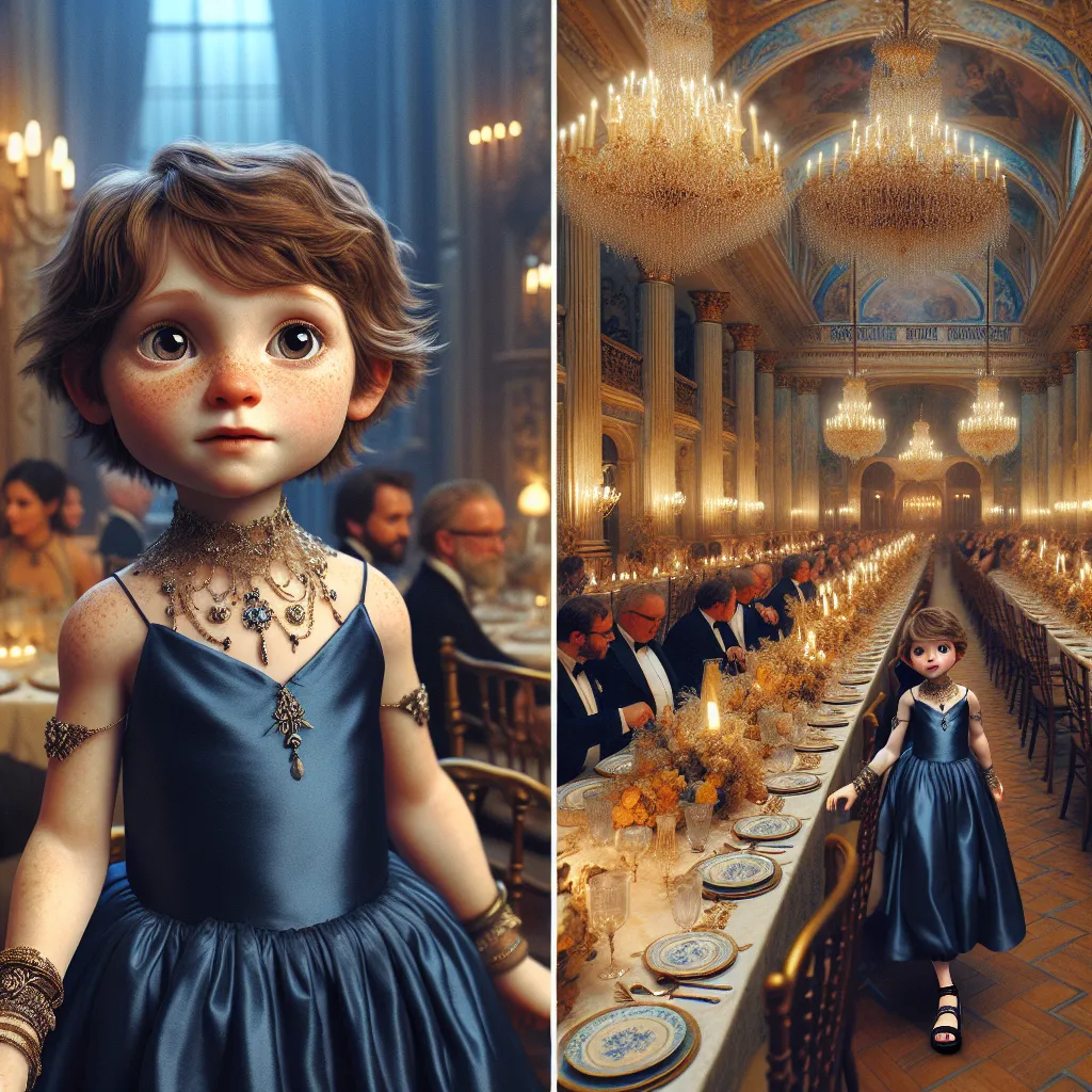 A young boy named Owen switches bodies with a woman named Charlotte, leading to a night of unexpected adventures and self-discovery. The image captures Owen in an elegant navy blue satin dress, wearing jewelry and strappy platform sandals as he navigates a fancy dinner and dance, all while experiencing moments of growing up and finding his true self.