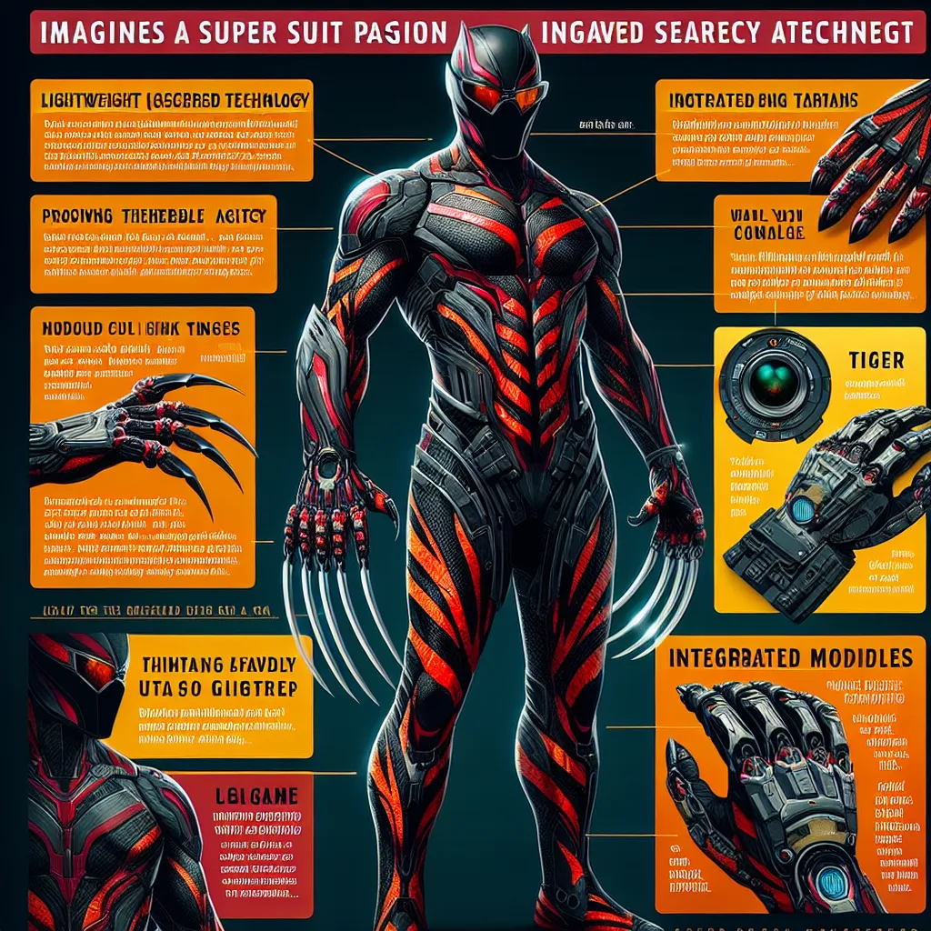 ake's suit is a combination of cutting-edge technology and homage to his animal archetype. Crafted by a retired S.H.I.E.L.D. agent who once worked with his father, the suit is made of lightweight yet incredibly durable materials. It offers him protection while maintaining his agility. The primary colors are black and deep red, with patterns mimicking the stripes of a tiger.

The suit includes retractable claws that Jake can deploy from his gloves, each sharp enough to cut through most metals. 
