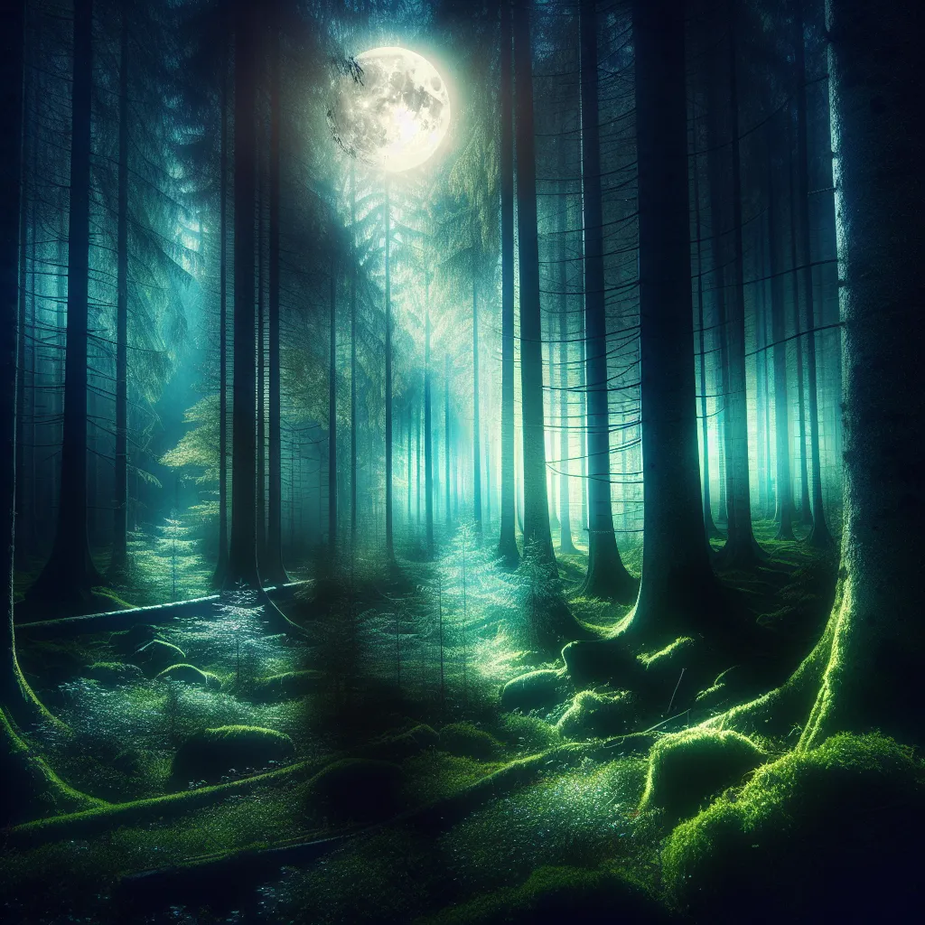 A vivid and ethereal scene of a dense forest illuminated by the soft glow of a full moon, with mist gently rolling through the trees and casting eerie shadows on the moss-covered ground.