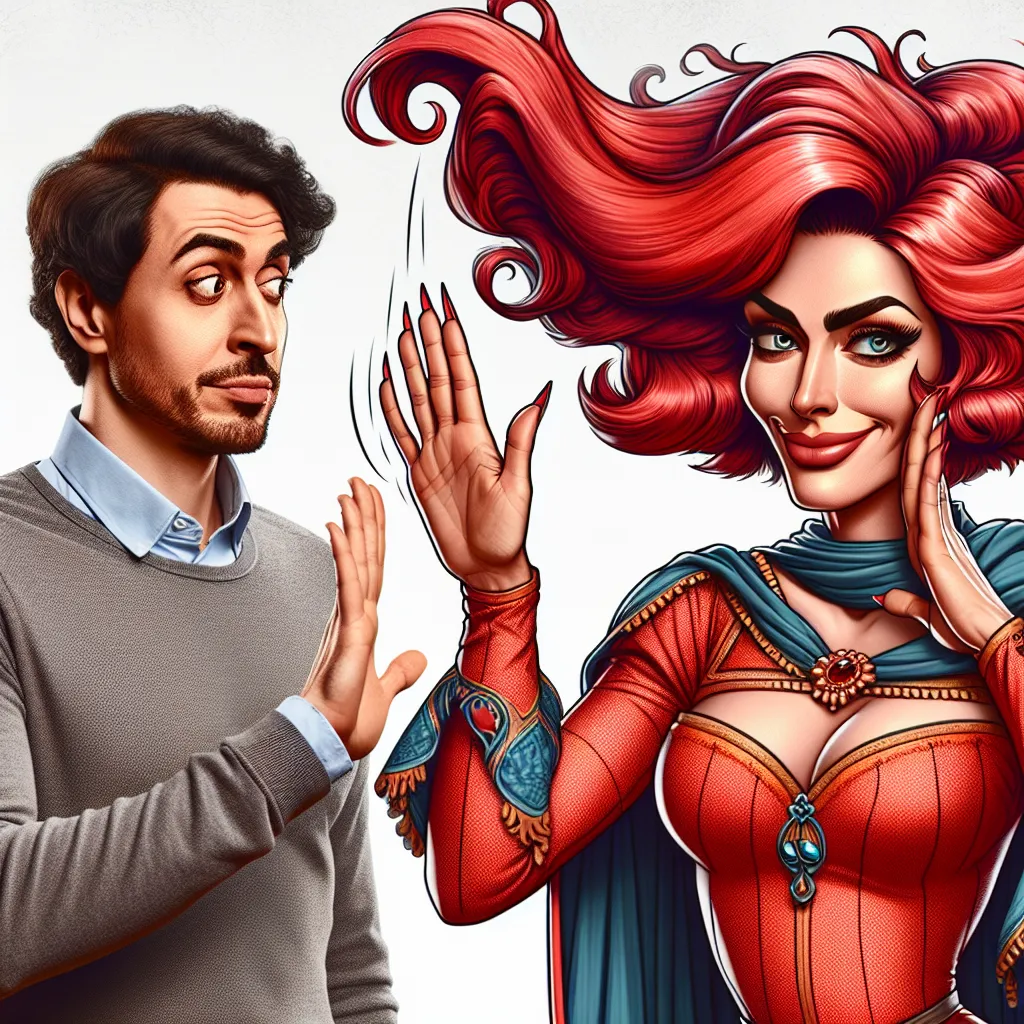 A humorous image of a woman (Lilly) with a confident smirk on her face, her eyes narrowed, while standing next to a man (David) who looks surprised. The man is extending his hand awkwardly for a high five, while the woman's appearance has suddenly transformed into that of Chad, a flamboyant and boisterous character. Chad is depicted with an exaggerated female physique, showing off his large breasts and flipping his red hair.