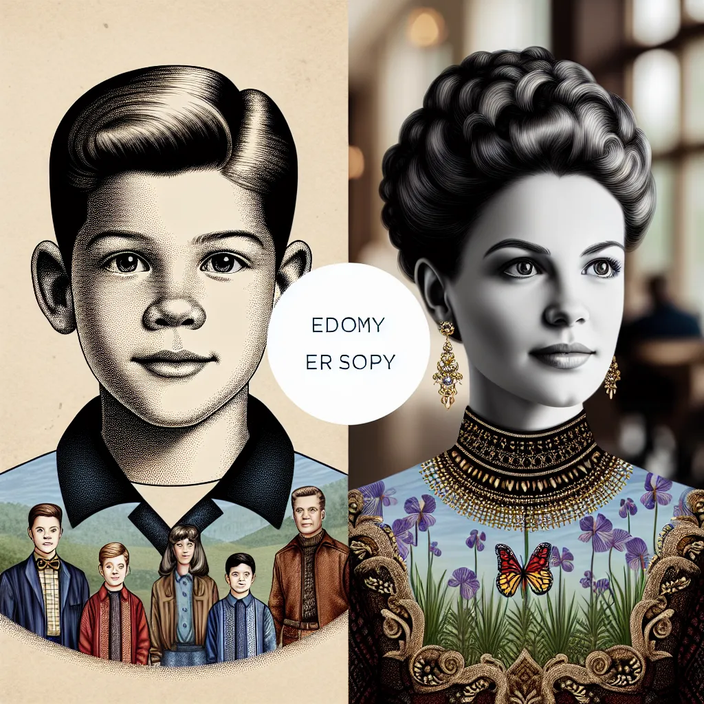 The image should reflect the transformation of a young boy named Ryan into a mature, elegant woman named Julia Amelia Walker. The image may show a side-by-side comparison of Ryan and Julia, capturing the details of their changing appearance such as hair, clothing, and accessories. This transformation should convey the essence of maturity, grace, and femininity through the visual representation of the character's evolution.