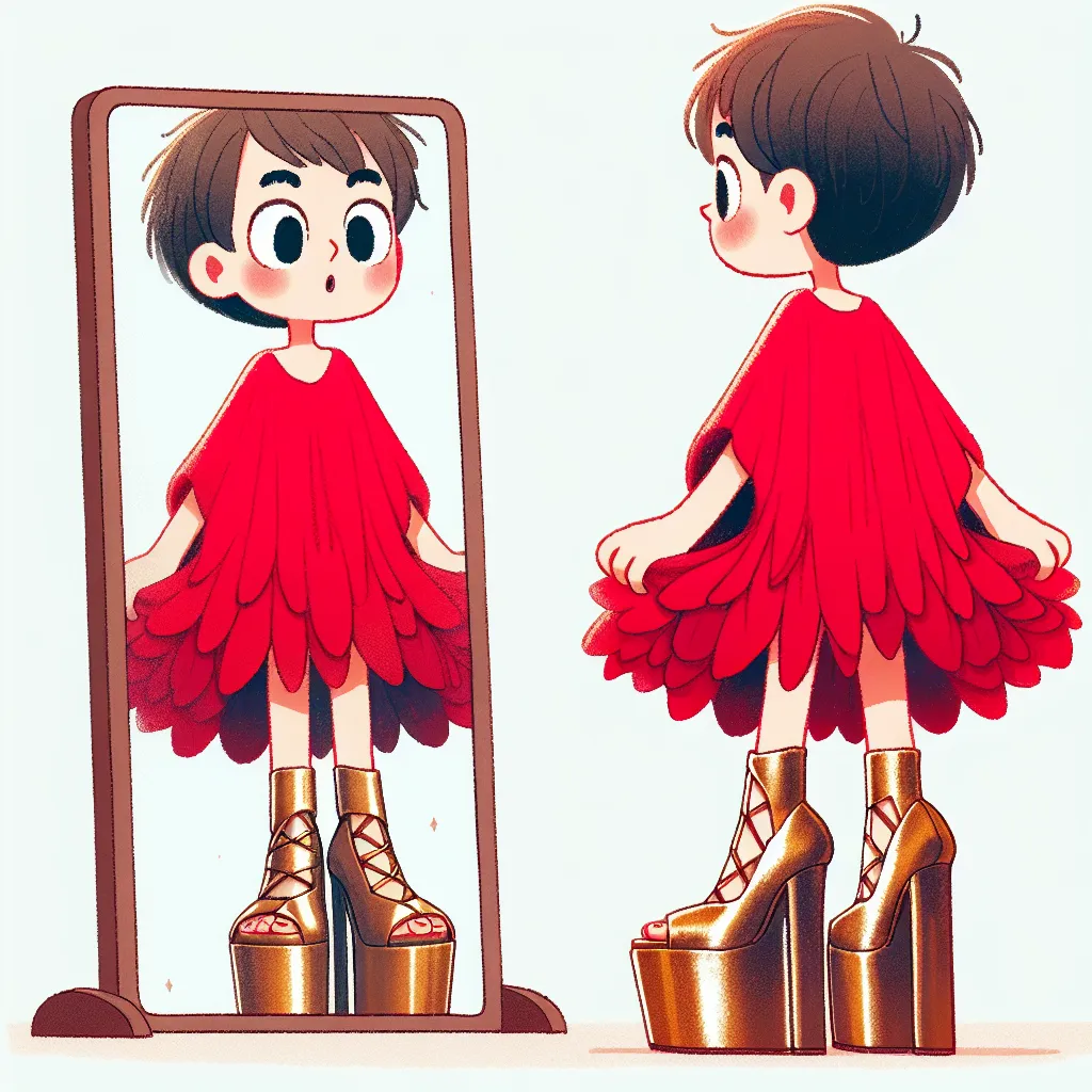 The image accompanying this story could be an illustration depicting a young boy standing in front of a mirror, wearing his mother's high-heeled gold wedges and a red dress, with a look of shock and confusion on his face.