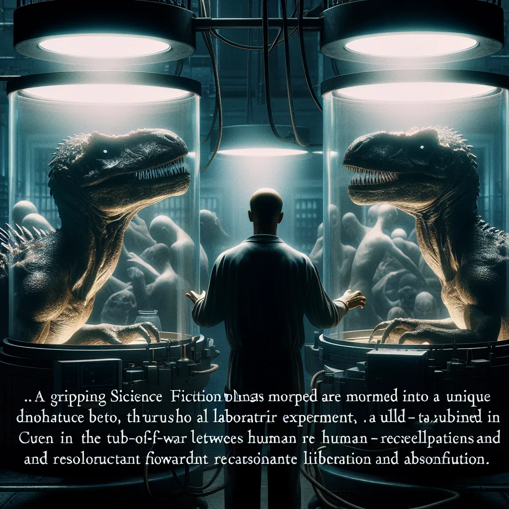 An intense science fiction story unfolds as two humans are transformed into spinoraptors in a lab experiment gone awry. The image captures their monstrous forms in a dimly lit cage, torn between their human memories and primal instincts, facing a crucial decision for freedom and redemption.