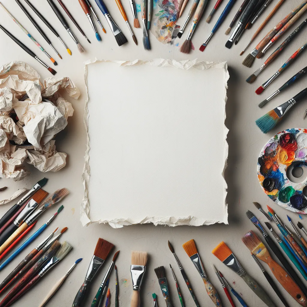 Description: A blank canvas with colorful paintbrushes scattered haphazardly alongside a crumpled piece of paper, symbolizing creative frustration and artistic roadblocks.