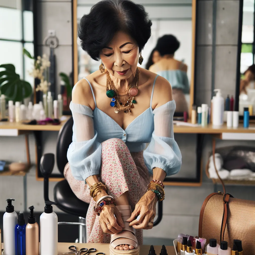 A Korean woman, Min-ji, in her salon, wearing a light blue blouse and a floral skirt, is putting on her platform sandals and adjusting the straps. She is surrounded by hair products and has 10 pieces of jewelry, including a gold wedding ring and a pearl necklace. Min-ji is 63 years old and has short, cropped black hair in a traditional Korean style called "bob cut." She is busy cleaning the mirrors and listing facts about herself, including her love for family and her hobbies of knitting and coo