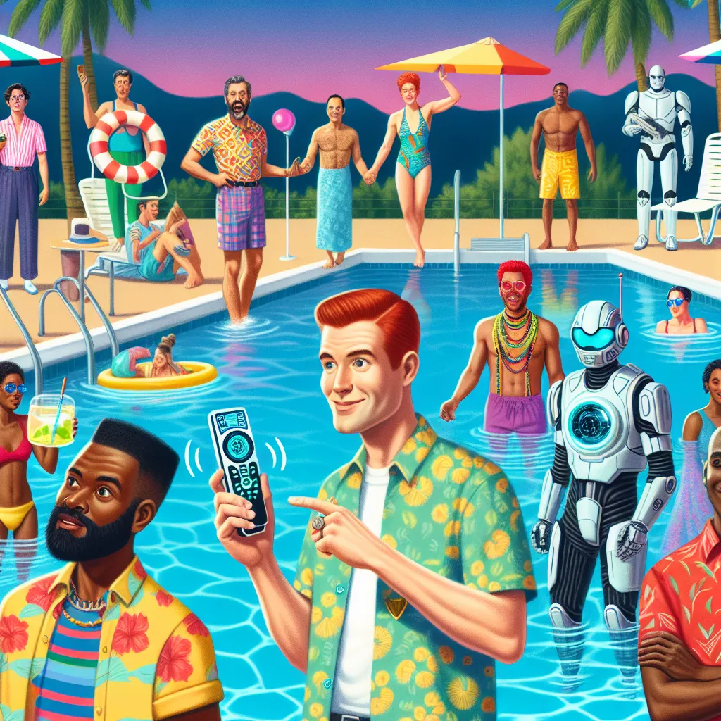 A humorous scene unfolds at a community pool where everyone has swapped bodies except for one bewildered individual clutching a reality remote. Amidst the chaos of swapped identities, the protagonist grapples with the altered reality as they interact with their transformed friend, now a confident and sassy redhead in a revealing bikini. The colorful and whimsical story captures the absurdity and acceptance of the unexpected body swaps, creating a lively and entertaining tale.