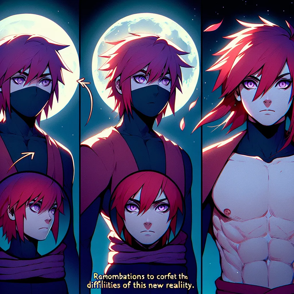 Description: A young ninja, Naruto, undergoes a transformative metamorphosis under the glow of a full moon. Their body changes, becoming slender with radiant red hair cascading past their shoulders. Their face adopts delicate contours, their chest swells into gentle mounds, and memories of their previous male body fade away as they fully embrace their new form as Naruko Uzumaki. With determination in her violet eyes, she vows to protect her village, ready to conquer the challenges of her altered