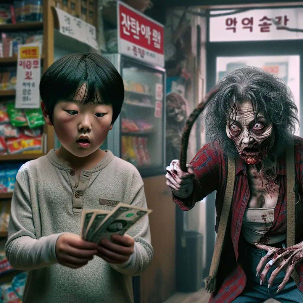 A young boy in a store, clutching money, suddenly finds himself in the midst of a zombie attack. He is transformed into an older Korean woman, armed with makeshift weapons, fighting off the zombies. Despite his efforts, he experiences a sense of sorrow and loss, realizing that his life will never be the same.