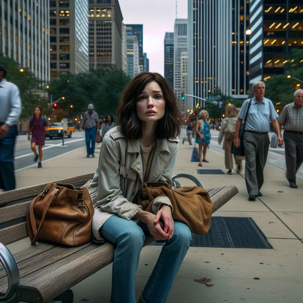A 7-year-old boy named Oliver, transformed into a 29-year-old woman named Melissa, navigates a new life after a mysterious encounter. In the image, Melissa sits on a bench clutching a worn purse, looking lost and alone in a bustling city.