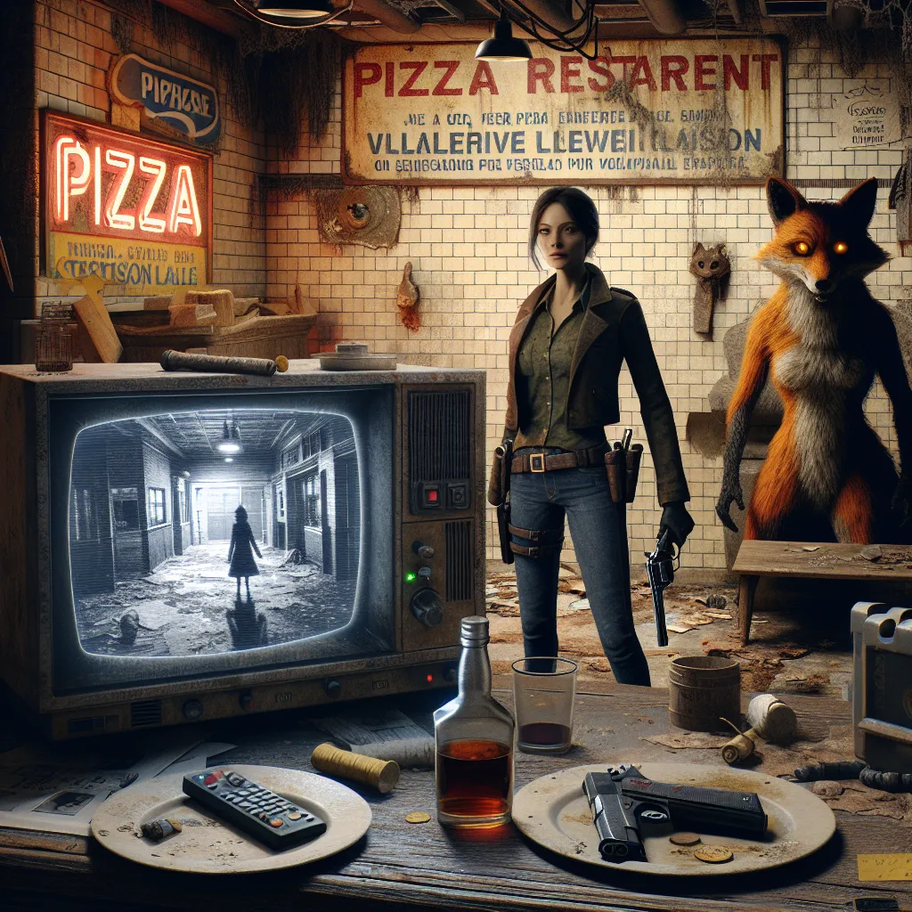 Image description: The image depicts an abandoned and dilapidated Freddy Fazbear's Pizza, with flickering lights and a sense of eerie emptiness. The main focus is on the character of Chloe, a traumatised ex-cop turned private investigator, who stands in the security room monitoring the decayed building through old CCTV footage. She is seen holding a gun and gripping a flask of bourbon, her face determined yet weary. In the background on the security monitor, an animatronic character named Foxy t