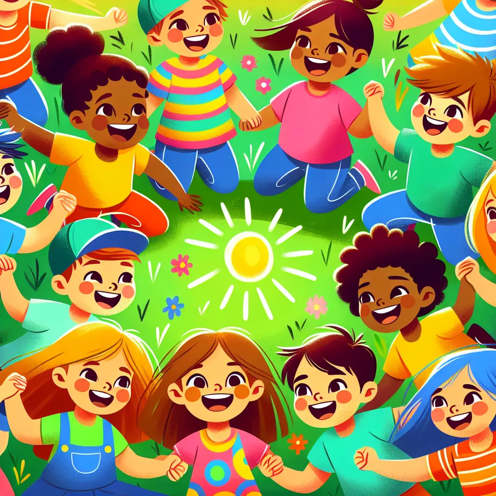 A colorful illustration featuring a group of children engaged in a fun and imaginative activity, with bright smiles and expressions of joy on their faces.