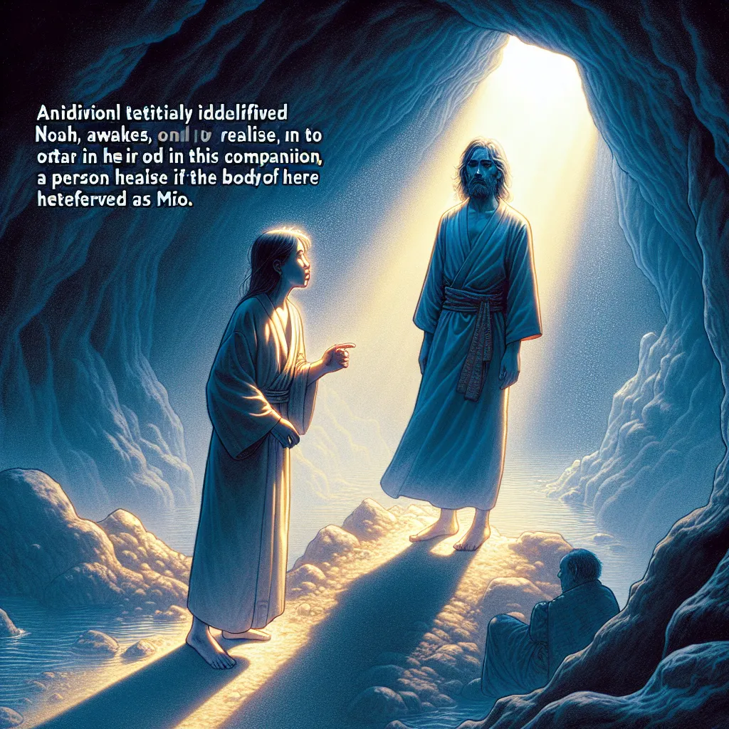 A person named Noah awakes in a dark cavern, only to find that they have switched bodies with their companion, Mio. The image depicts Noah and Mio standing at the edge of the cavern, their mirrored confusion and determination evident.