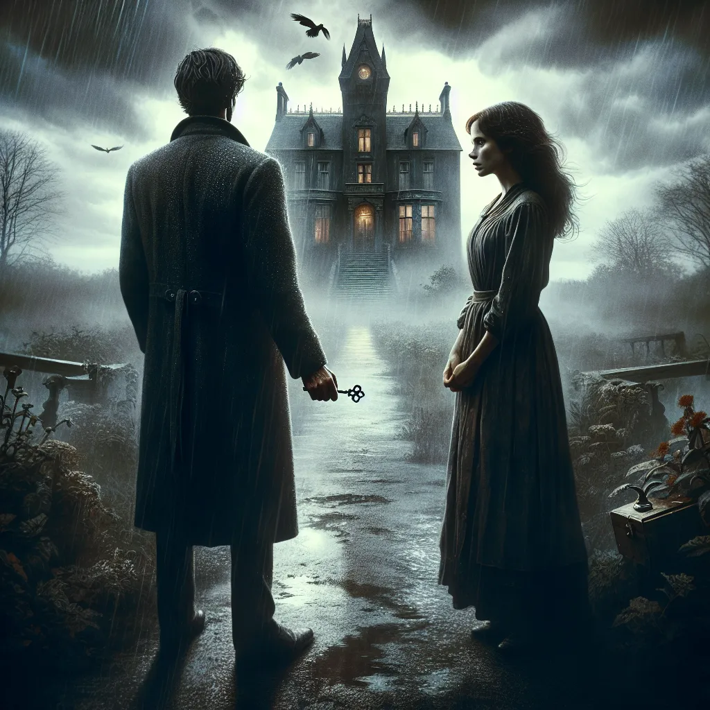 A dramatic image depicting a couple, David and Mary, standing outside a foreboding, abandoned mansion. The atmosphere is tense, with a sense of desperation and guilt hanging heavily in the air. The couple holds a key, symbolizing their last hope for redemption as they prepare to confront the mysterious Author inside.