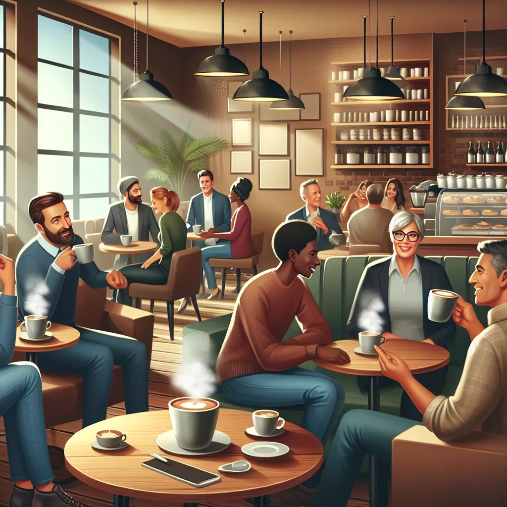 A warm and inviting coffee shop with cozy seating and steaming cups of coffee on the tables. Patrons engage in conversations and enjoy the ambiance.