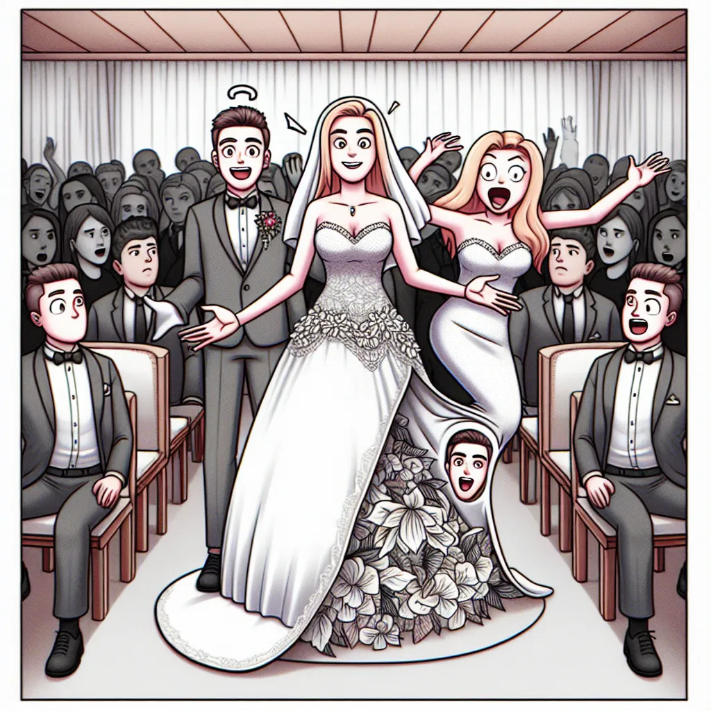 The image accompanying this story depicts a chaotic wedding scene with a twist. A man, Derek, finds himself mysteriously possessed by a woman named Daisy on her wedding day. The image shows Derek, now in Daisy's body, standing at the altar wearing a lacy white dress with a mischievous grin on his face. The guests and the groom, Hank, are shown reacting in surprise and confusion to the unexpected turn of events.