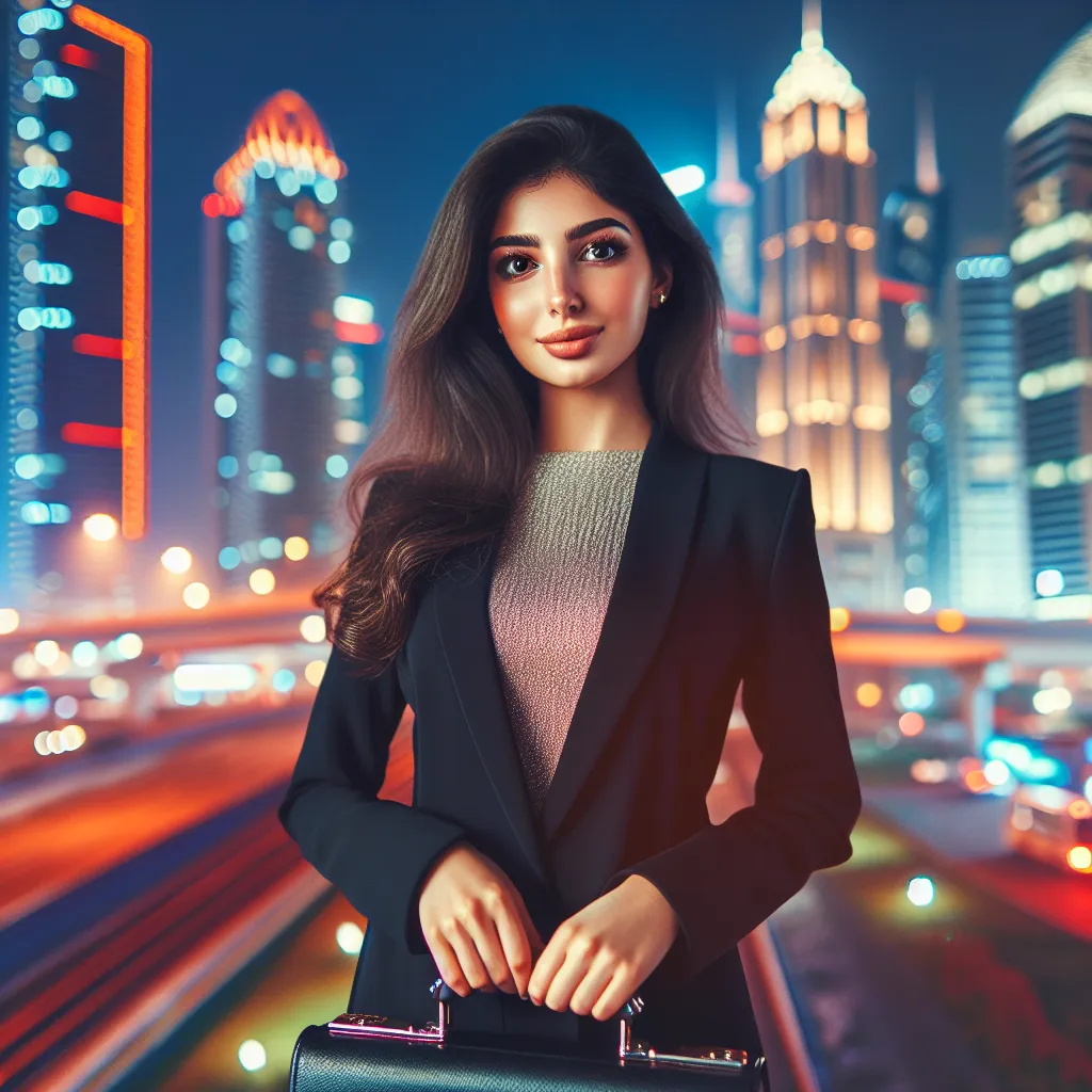 In a bustling cityscape, a young woman in a fashionable ensemble stands confidently, clutching a briefcase. Bright lights and towering skyscrapers illuminate the scene, creating a sense of energy and ambition.