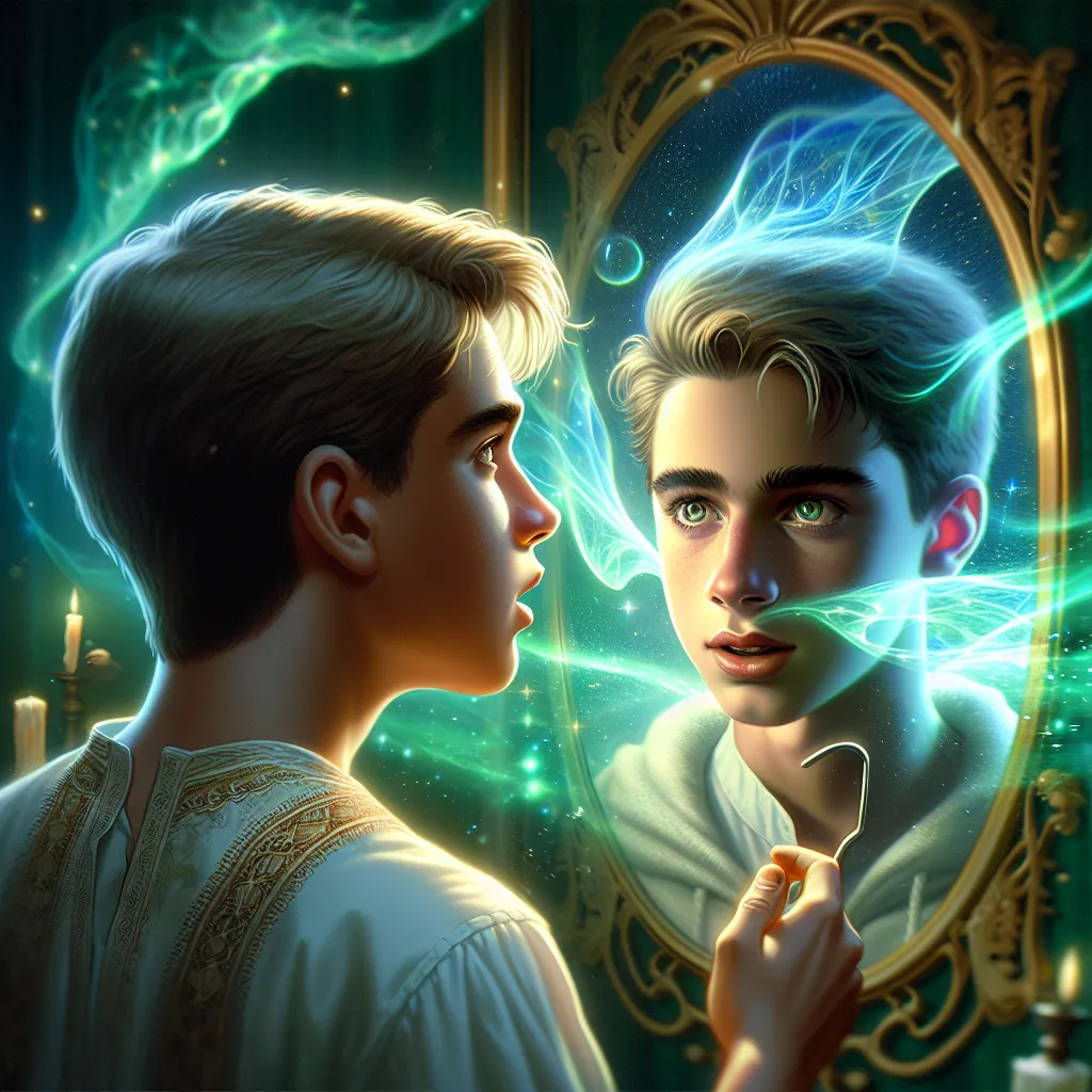 An image depicting Leo and Luna from Yu-Gi-Oh! 5D’s, showcasing the emotional journey of Leo experiencing gender dysphoria and identity swaps during the Fortune Cup. Leo is seen wrestling with his changed appearance and pronoun confusion, captured in a reflection where he sees Luna's face instead of his own. The image conveys themes of self-discovery, empathy, and courage amidst the unexpected challenges faced by the twins.