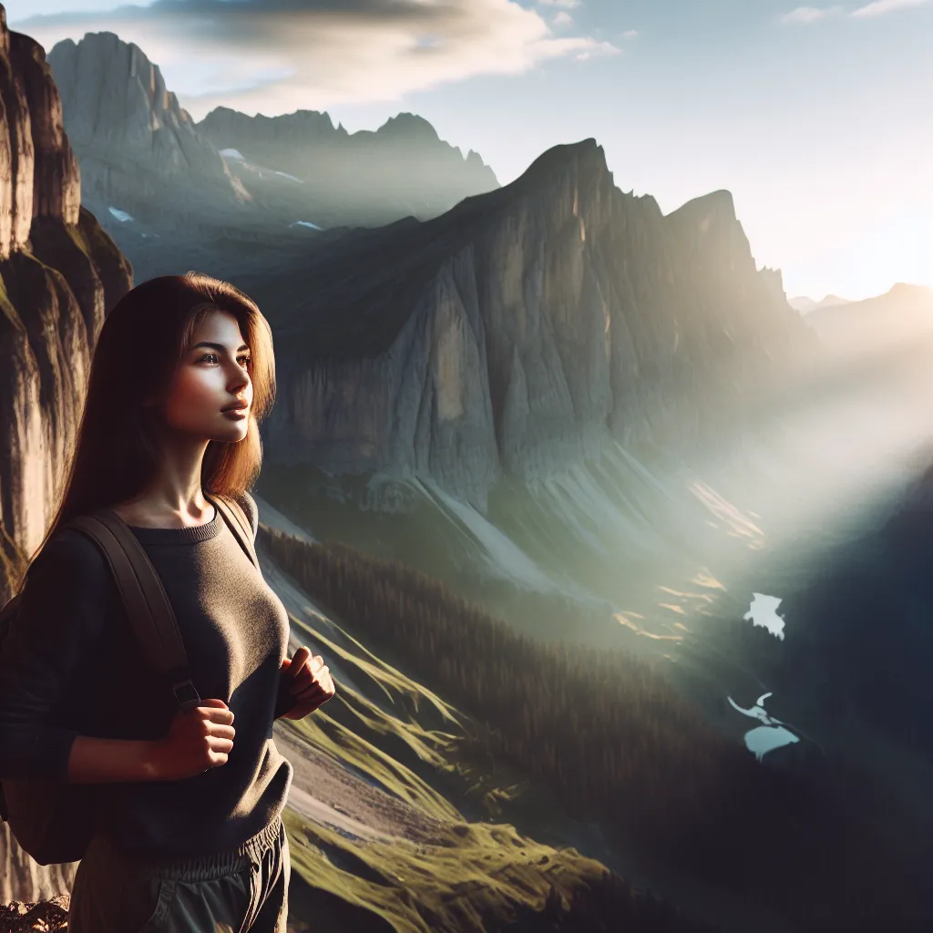 A young woman stands at the edge of a cliff overlooking a breathtaking mountain landscape. The sun illuminates the vast wilderness while casting a soft glow on her face, capturing a sense of awe and adventure in the moment.