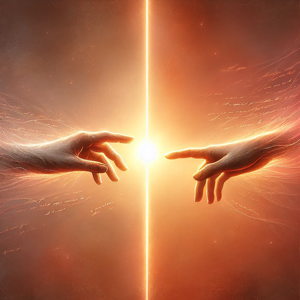 A tender scene of two hands reaching out towards each other across a distance, separated by a soft glowing light between them, symbolizing love and connection despite separation. The background is warm and intimate, with subtle hints of letters and handwritten words floating gently around, evoking heartfelt emotion and the promise of enduring love.