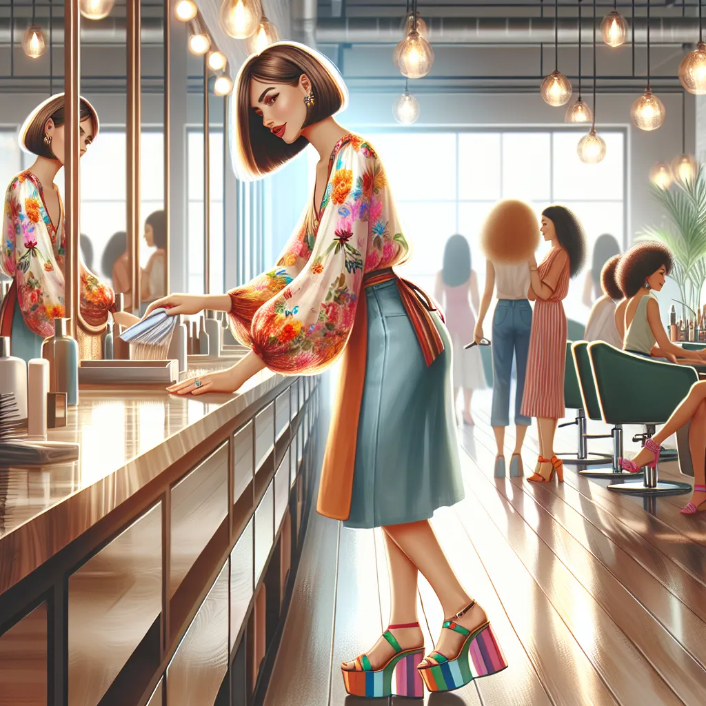 In the image, a woman with a chin-length bob hairstyle and bright floral blouse is cleaning a salon counter. She wears colorful platform sandals and is adorned with various pieces of jewelry. The salon is bright and clean, with mirrors reflecting the woman's actions. The image captures a sense of camaraderie and familiarity among the women as they engage in conversation.
