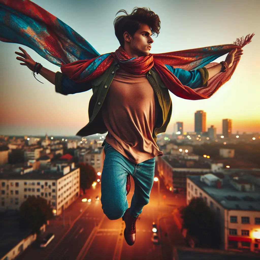 Description: An image depicting a young man wearing a colorful scarf, standing in mid-air with outstretched arms, ready to take a powerful jump. The background showcases a cityscape at dusk, with buildings and streetlights casting a warm glow. The image captures the essence of mystery, adventure, and the power of imagination.
