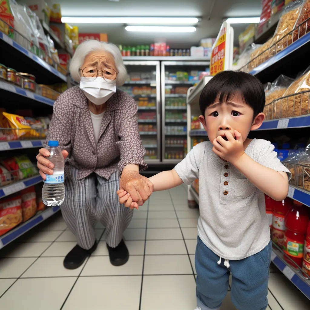 A small, elderly Korean woman named Kyung-Mi Park holds a frightened five-year-old boy named Liam Bradford's hand in a convenience store.