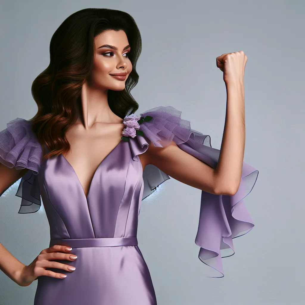An image of a confident and stylish woman, Evelynn, standing proudly in a lavender evening dress, reflecting her transformed and affirmed self-identity.