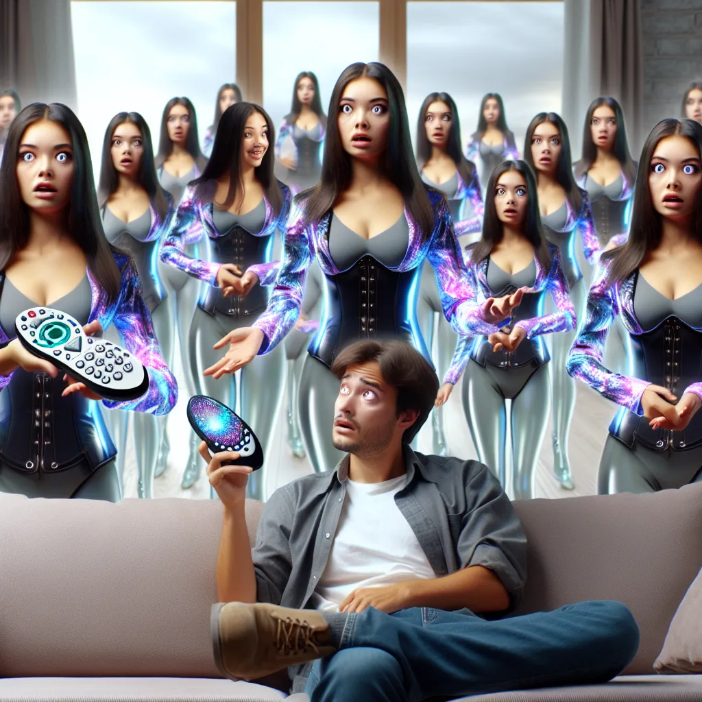 The image shows a living room filled with multiple identical clones of a woman, all resembling the protagonist's wife. The protagonist is holding an iridescent, sci-fi-looking remote in his hand, while his wife, looking exasperated, stands among the clones.