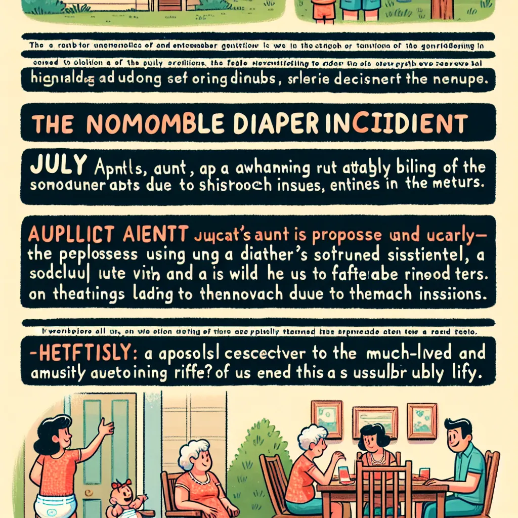 A humorous family tale from Las Lomas unfolds as July, a lovable but sometimes absent-minded niece, has an unforgettable incident involving a diaper. With quick thinking, July's aunt suggests using a diaper to avoid constant trips to the bathroom due to an upset stomach. Reluctantly, July agrees, and the family gathers for a meal, only to be greeted by unexpected challenges and comedic moments. The unforgettable diaper experience becomes a cherished and hilarious memory in the lively and enterta