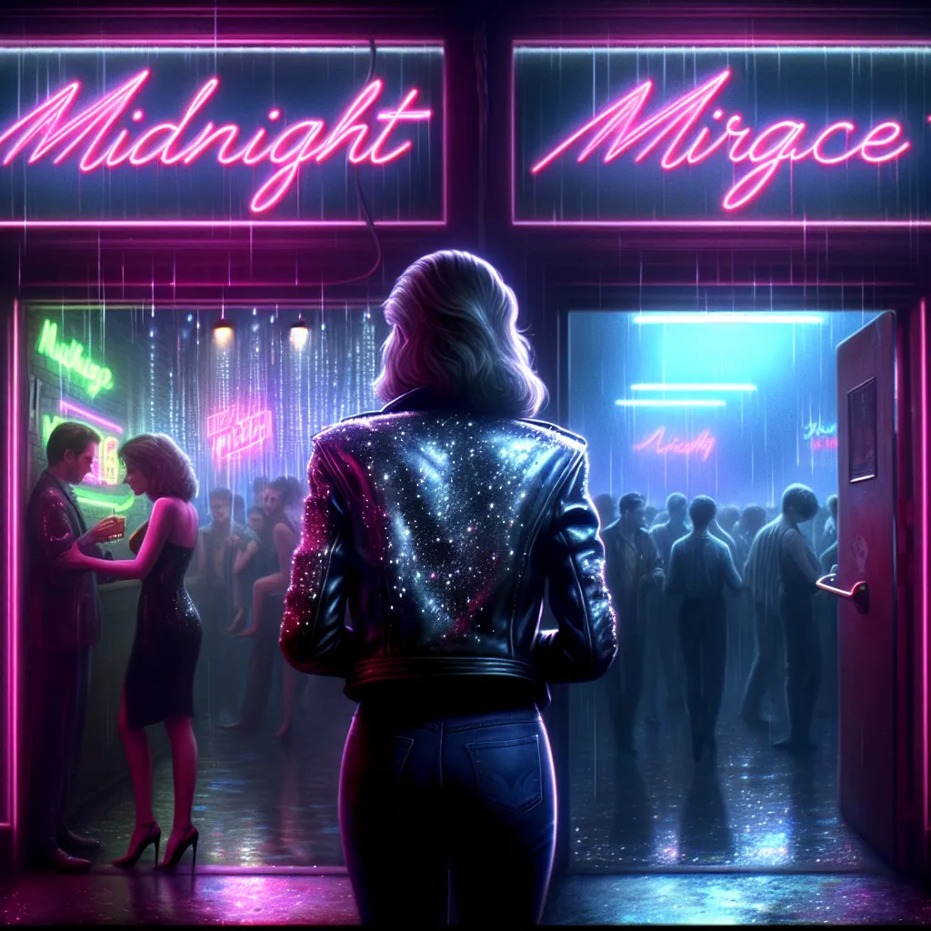 Description: A woman walks through the neon-lit entrance of the Midnight Mirage nightclub, rain droplets glistening on her leather jacket. Inside, the club pulses with energy as patrons begin to arrive. The image captures the somber mood as the protagonist, Kristen Lane, struggles with her sister's absence and her own sense of restlessness. Later, she seeks solace with her psychologist, engaging in a deep conversation about grief and finding new meaning. The image should reflect the duality of d