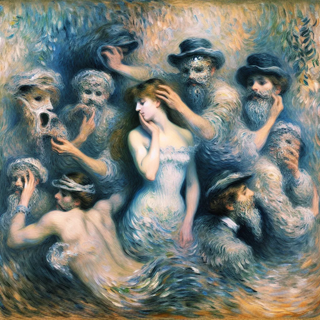 Transformation, Identity, Deception, Betrayal, Power in the style of Monet