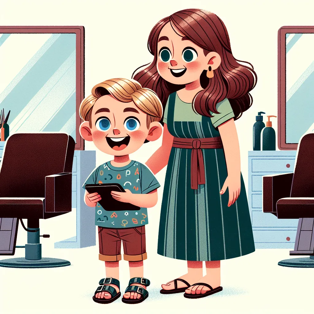 The image will show a young boy named Daniel with short, sandy blonde hair and bright blue eyes, wearing open-faced heels and laughing. He is accompanied by his mother Karen, who has long, wavy brown hair and deep green eyes. Both are standing in a hair salon, with Daniel holding a tablet.