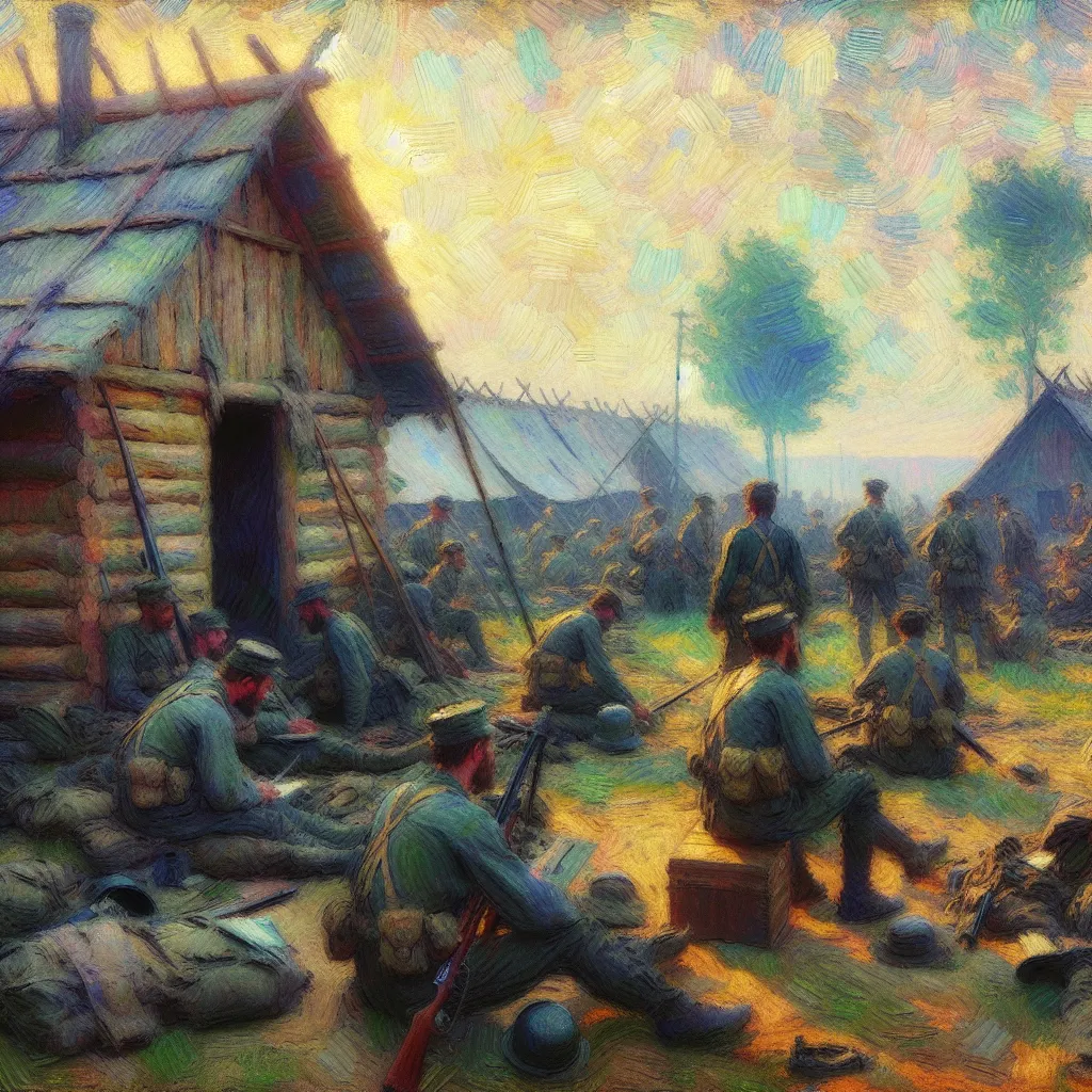 War, Camp, Soldiers, Transformation, Secrecy in the style of Monet