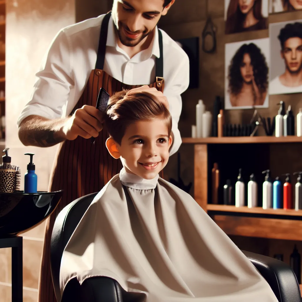A young boy sits nervously in a salon chair, surrounded by hairstyling tools. The dedicated stylist, wearing a friendly smile, gently combs the boy's hair as they engage in a conversation. The warm and inviting atmosphere of the salon can be seen in the stylish decor and hair inspiration images on the walls.