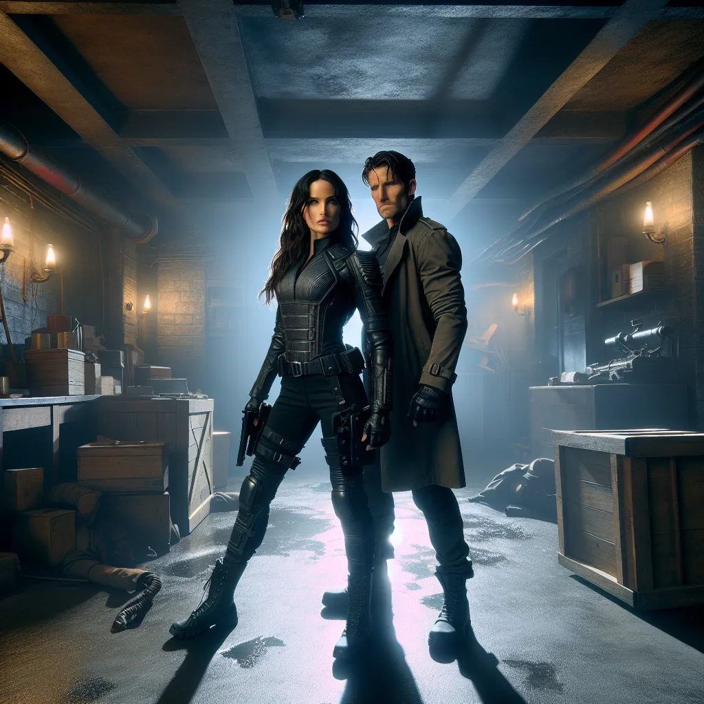 An intense moment of trust and loyalty unfolds between Laura Kinney and Gambit in a shadowy basement. Laura's determination to protect her ally is evident as they navigate through danger and uncertainty in a mysterious city.