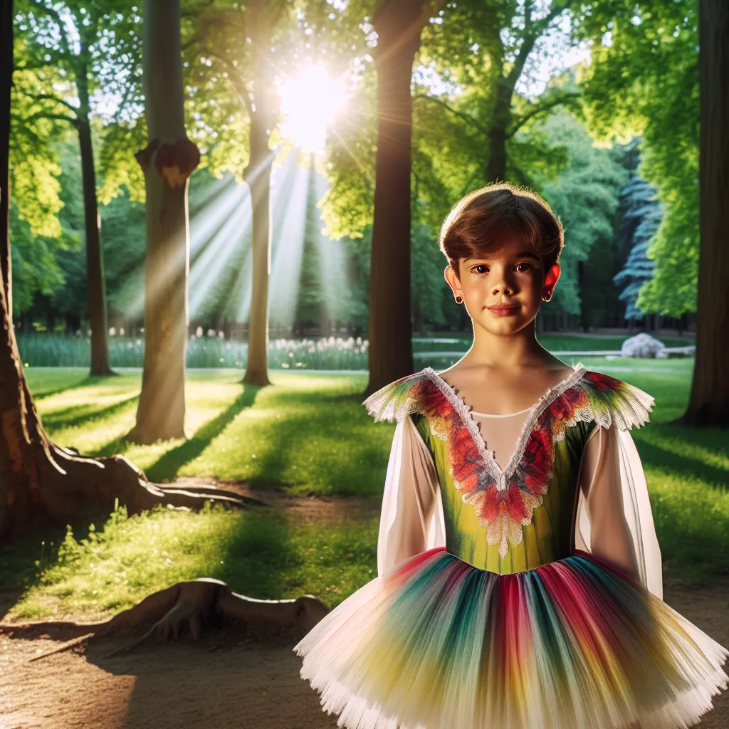 An image of a young boy standing in a park, wearing a flowing, colorful ballet costume, surrounded by trees and sunlight.