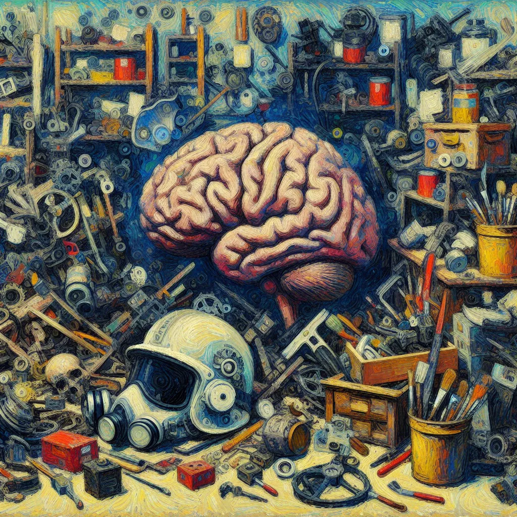 Swap, Workshop, Brain, Helmet, Chaos in the style of Monet