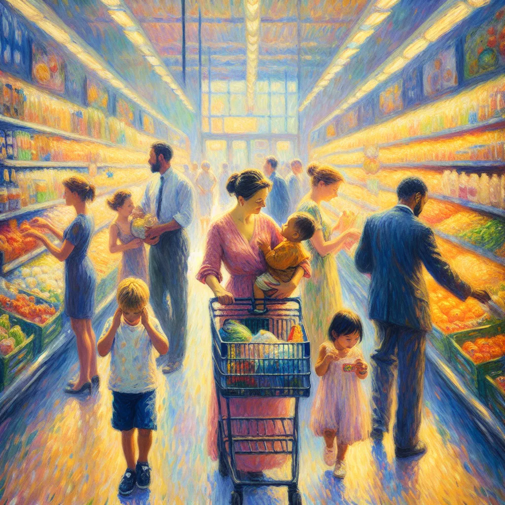 Supermarket, Family, Transformation, Motherhood, Loss in the style of Monet