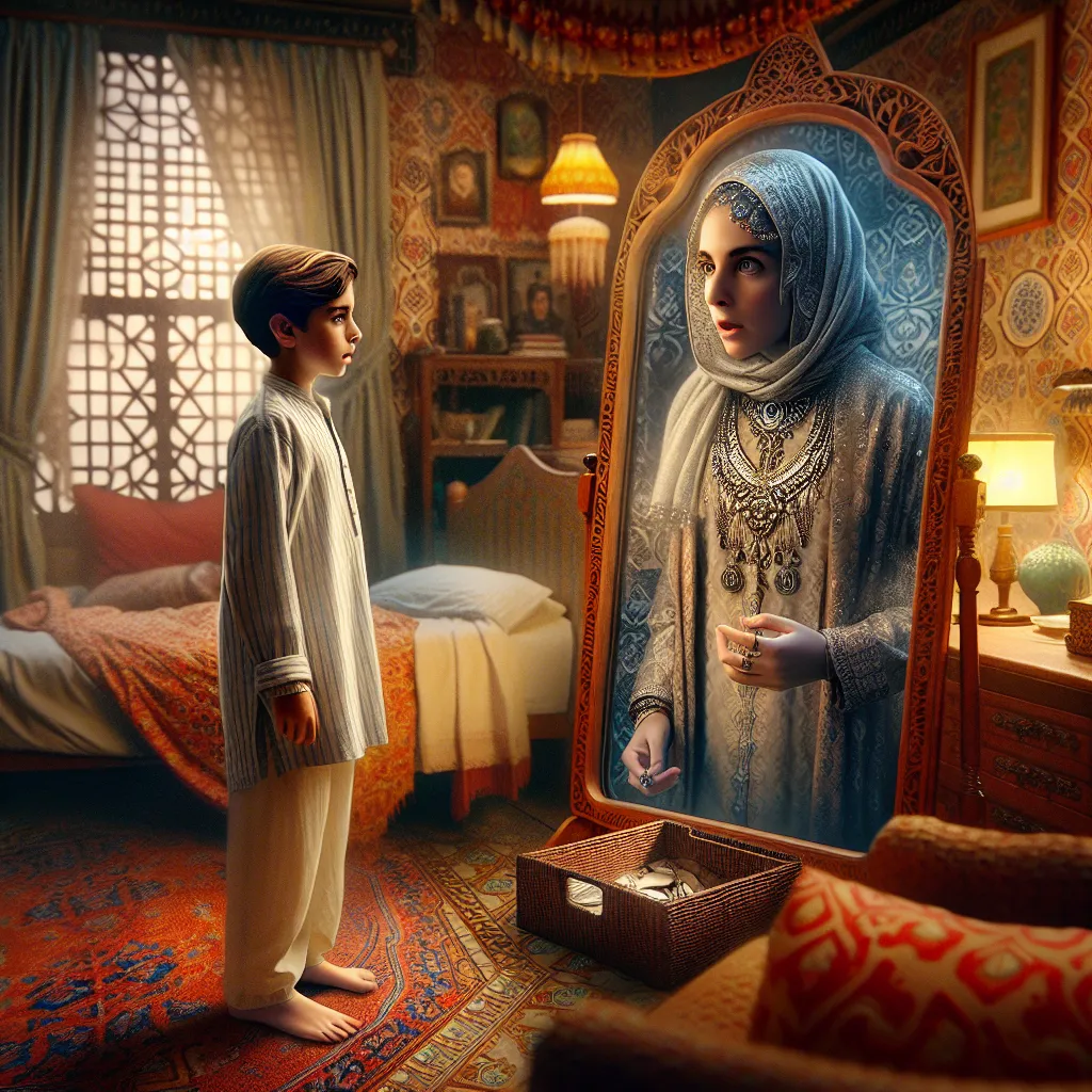 A young boy named Christopher Daniel Miller experiences a mysterious and magical transformation during a sleepover at his friend Musa Hakim Farouq's house. As Christopher wakes up in the body of Musa's mother Samira Nadhira Farouq, he navigates a surreal and enlightening journey before returning to his own self. This image captures Christopher's discovery of his transformed reflection in Mrs. Farouq's mirror, as he grapples with his altered appearance in her elegant attire, jewelry, and hijab.