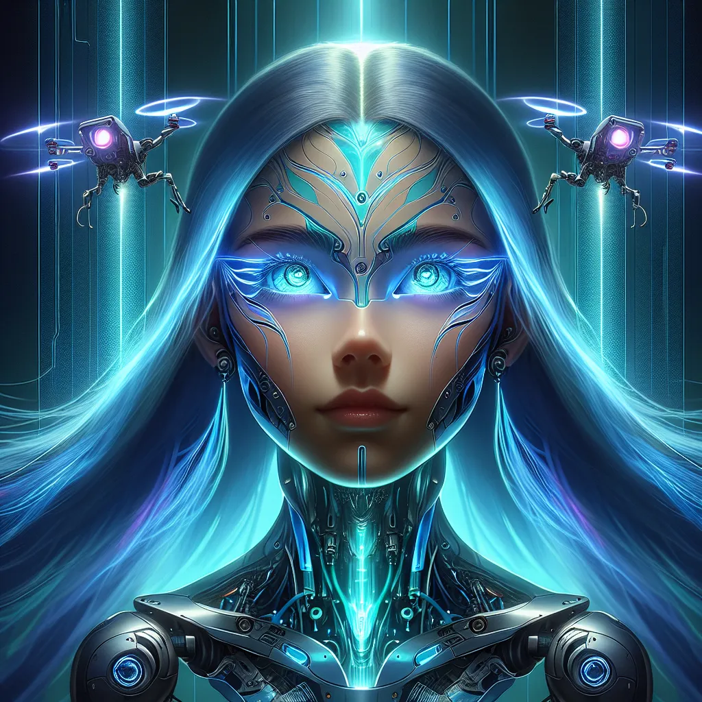 The image accompanying this story is a depiction of Viola, the protagonist of "Becoming Cyan: The Ascension of Digital Dreams." Viola, a young woman with a sense of anticipation and excitement, is shown undergoing a transformation process. Her eyes are replaced with a sleek, continuous visor glowing a radiant cyan. Her face has a robotic yet elegant appearance, with intricate cyan patterns tracing across her features. Her hair has been transformed into metallic cyan strands that shine with a sof